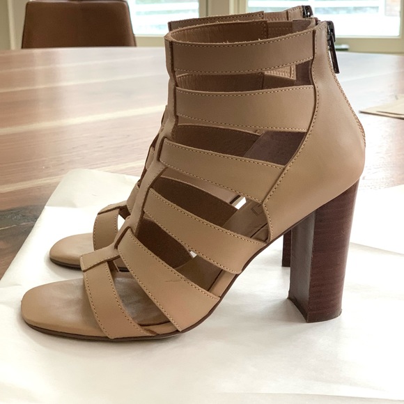 ATWELL Camel Colored Leather Block Heel Sandals - Picture 6 of 9